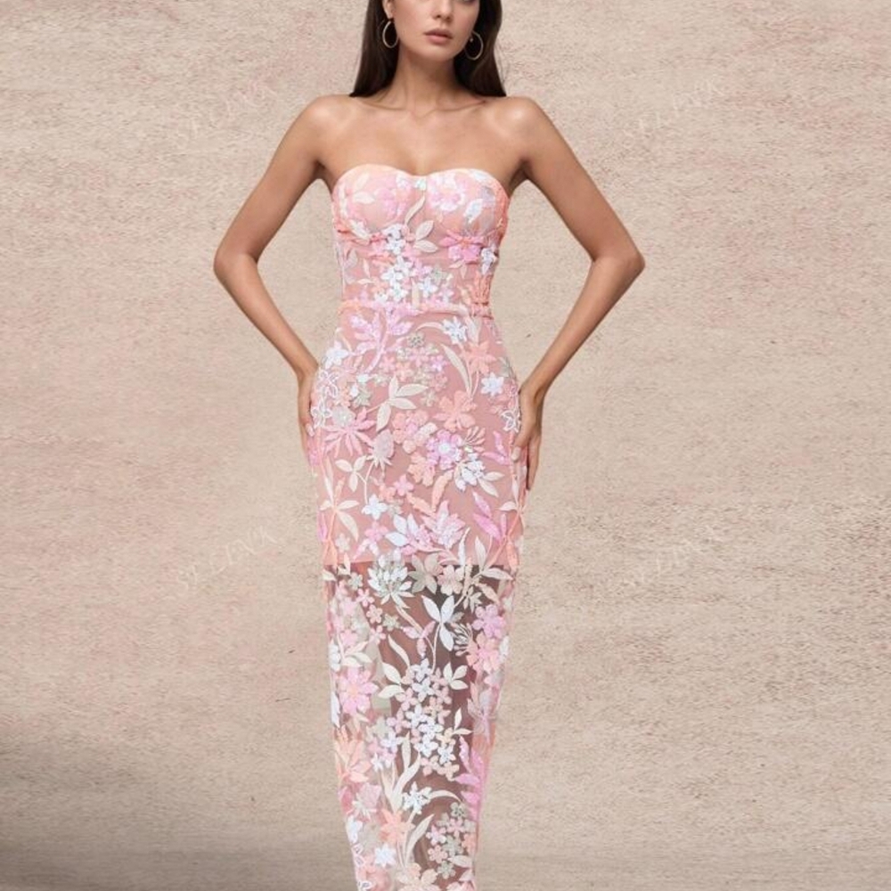 Elegant Strapless Pink Floral Dress